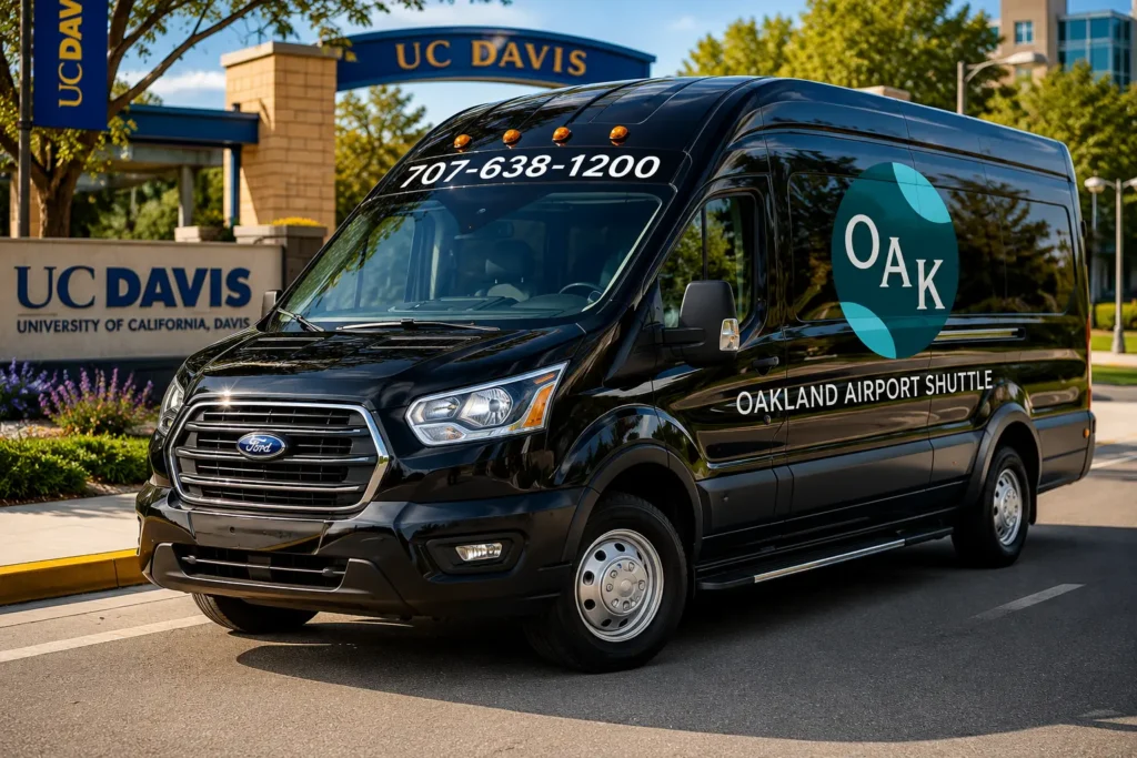Davis Airport Shuttle featuring by Oakland Airport Shuttle branding and phone number 707-638-1200, providing reliable transportation to SFO, OAK, SMF, and SJC airports for students, faculty, and local travelers.