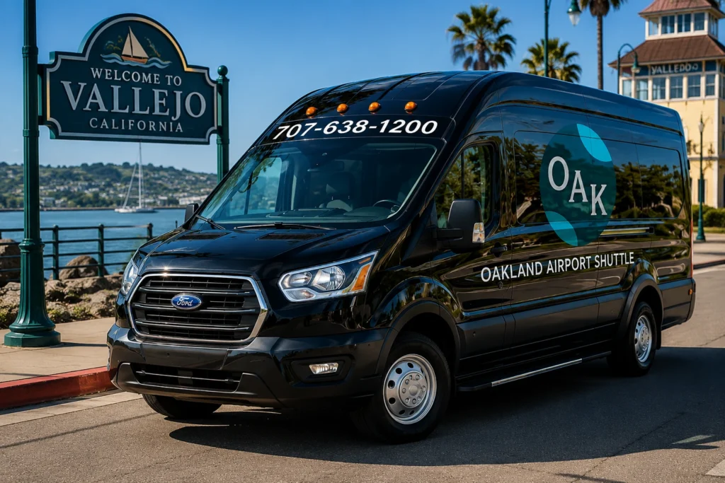 Vallejo Airport Shuttle service van offering transportation from Vallejo to SFO Airport, Oakland Airport, Sacramento Airport, and San Jose Airport with professional drivers, door-to-door service, and comfortable airport transfers.